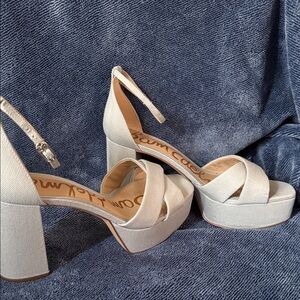 Sam Edelman Ivory Platform Block Heel Sandals with Ankle Strap